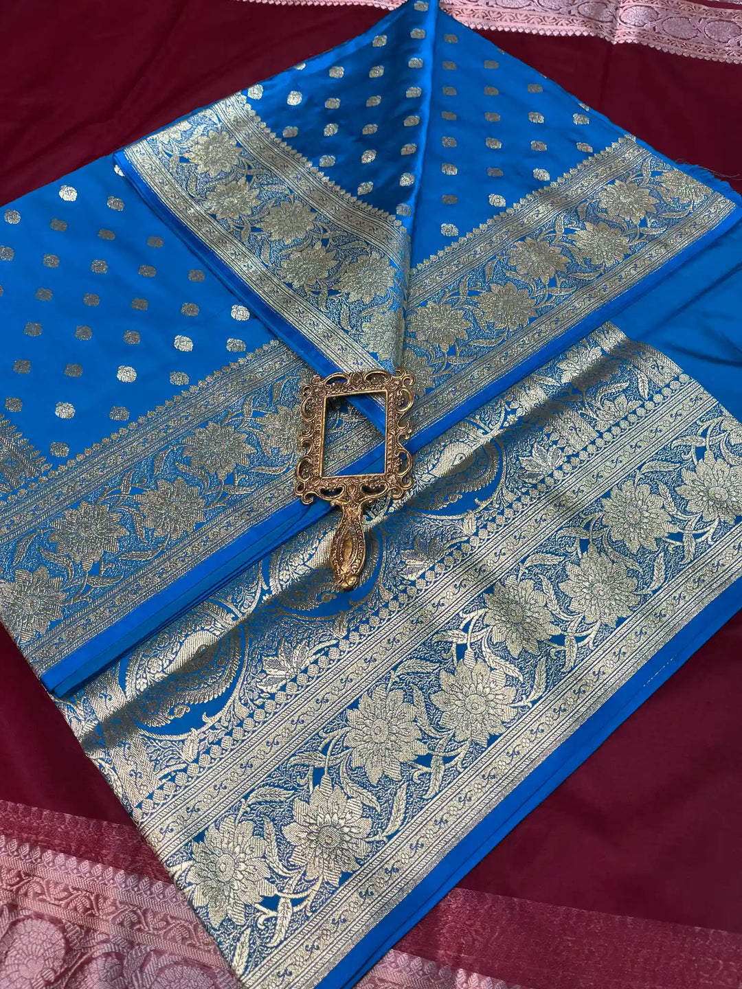 Bridal Blue Satin Silk Buti Weave Banarasi Saree