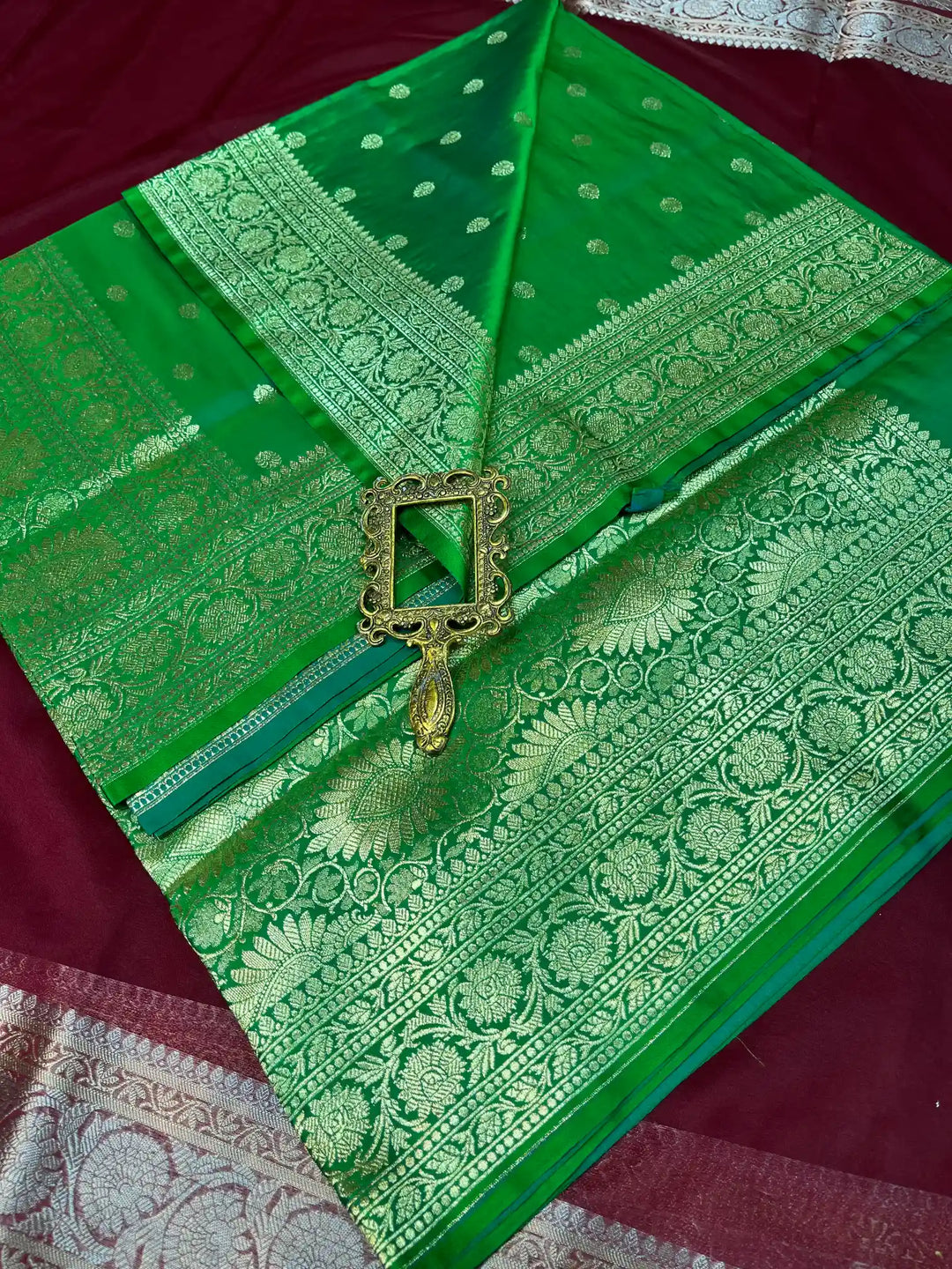 Bridal Parrot Green Satin Silk Buti Weave Banarasi Saree