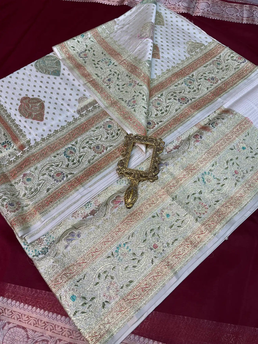 Bridal White Satin Silk Buti Weave Banarasi Saree