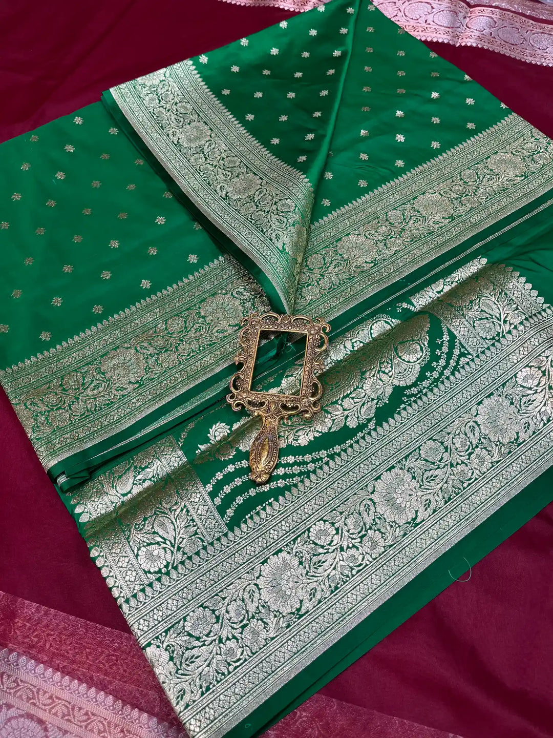 Bridal Bottle Green Satin Silk Buti Weave Banarasi Saree