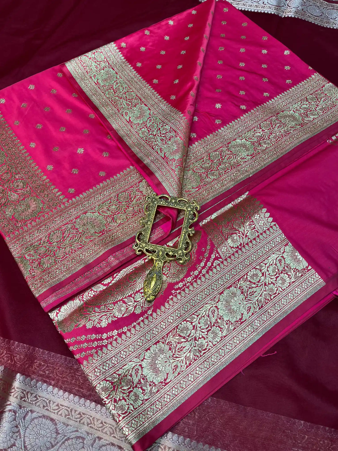 Bridal Rani Pink Satin Silk Buti Weave Banarasi Saree
