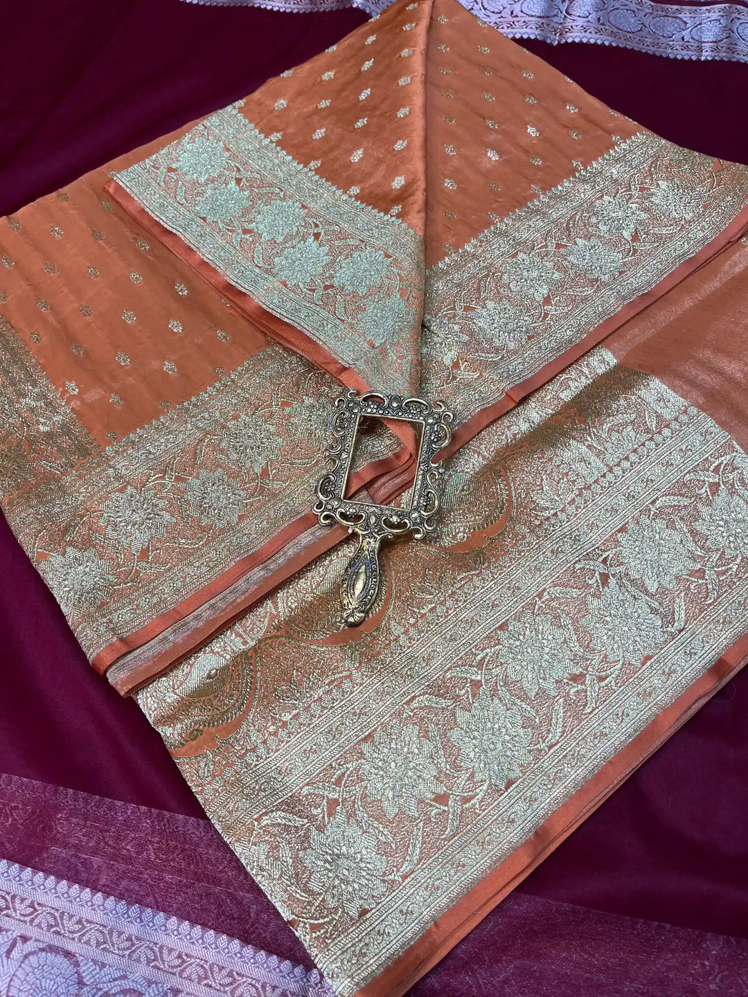 Bridal Sunset Orange Satin Silk Premium Buti Design Banarasi Saree