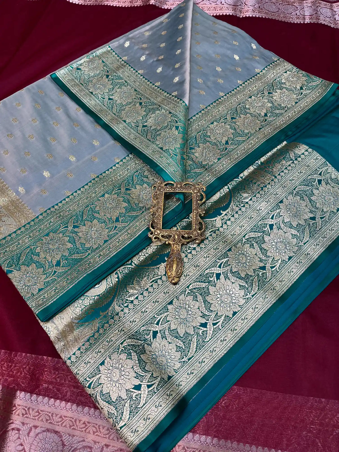 Bridal Pastel Blue Contrast Satin Silk Premium Buti Design Banarasi Saree