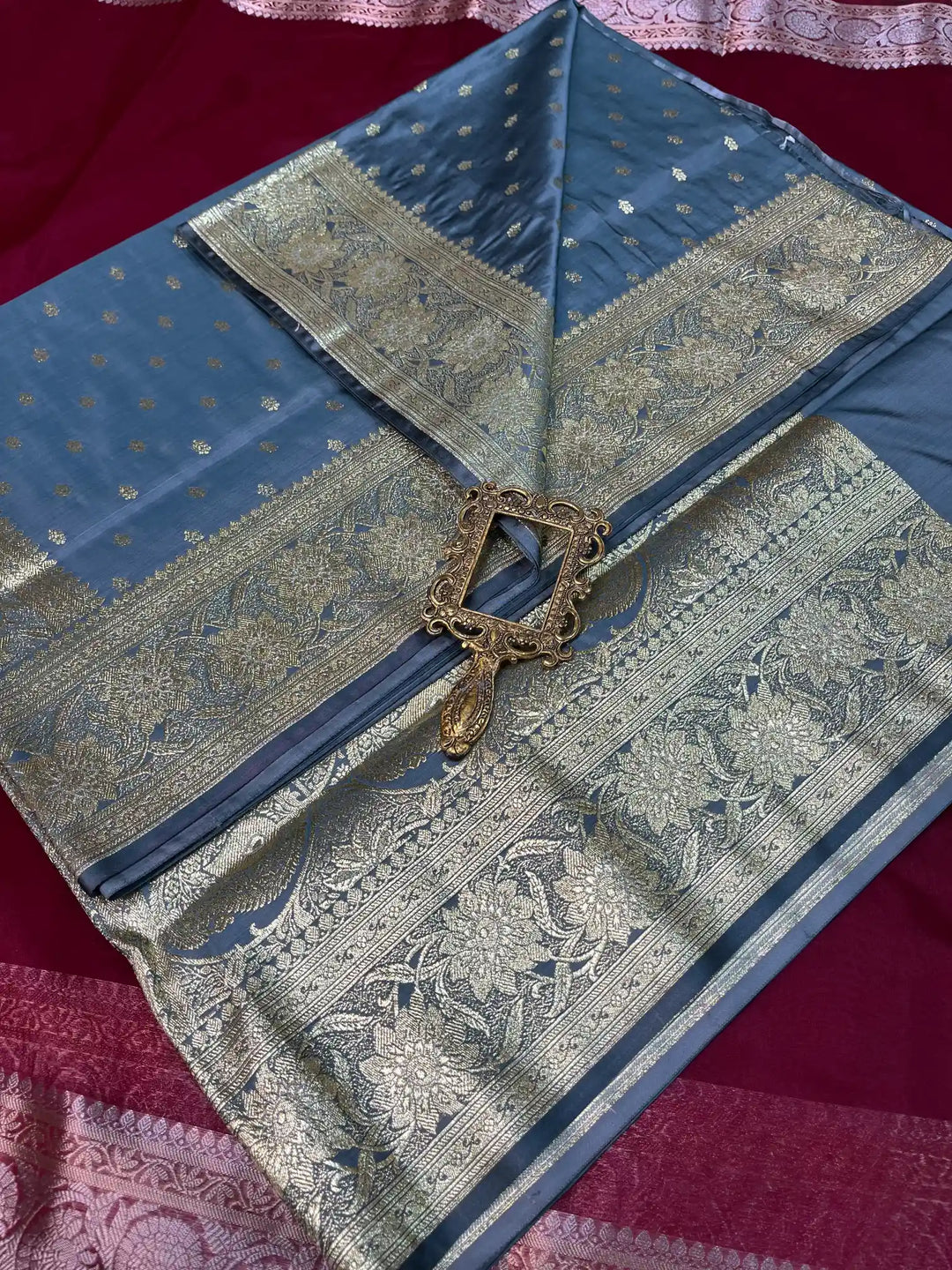 Bridal Persian Blue Satin Silk Premium Buti Design Banarasi Saree