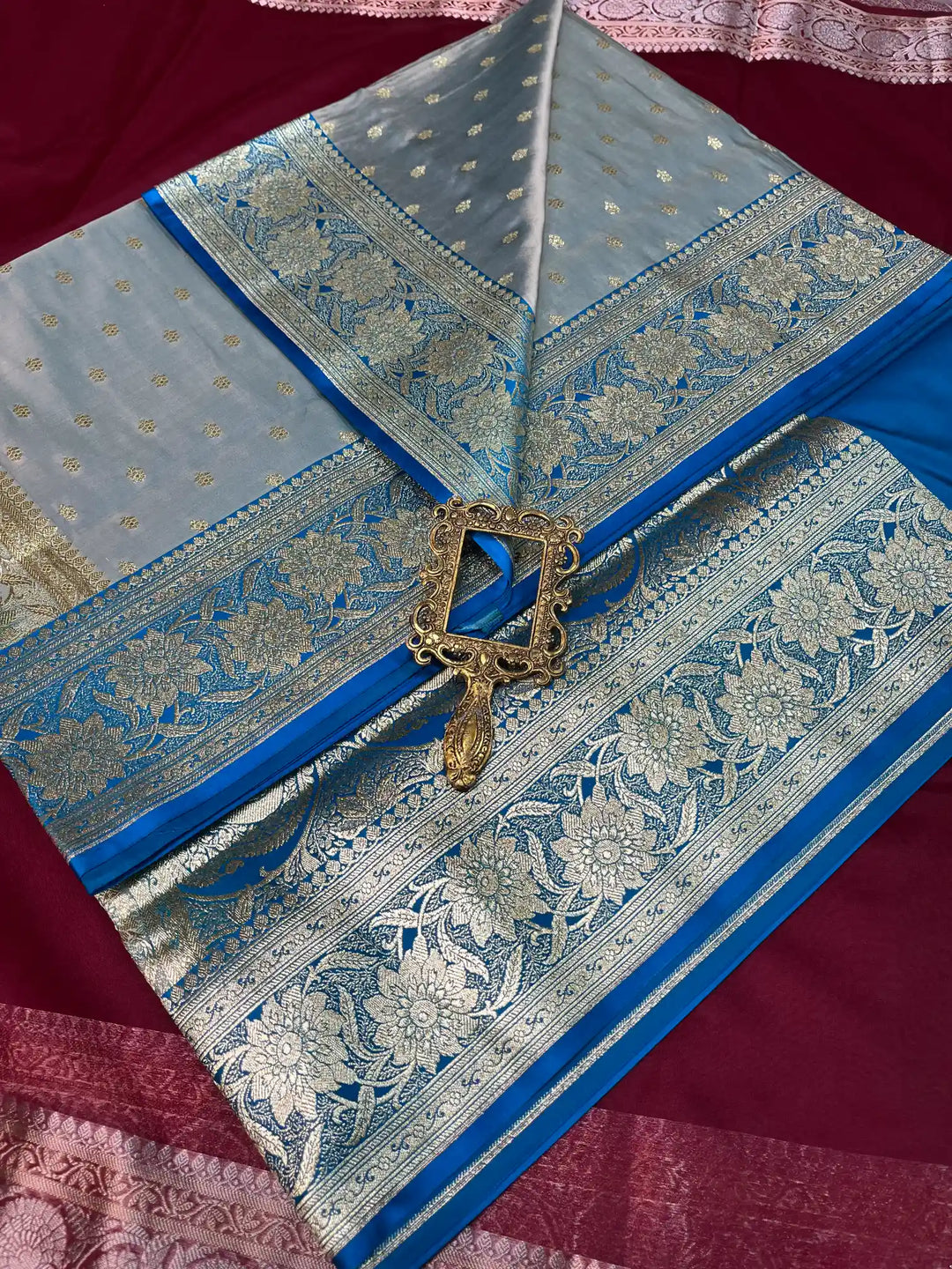 Bridal Pastel Grey Satin Silk Premium Buti Design Banarasi Saree