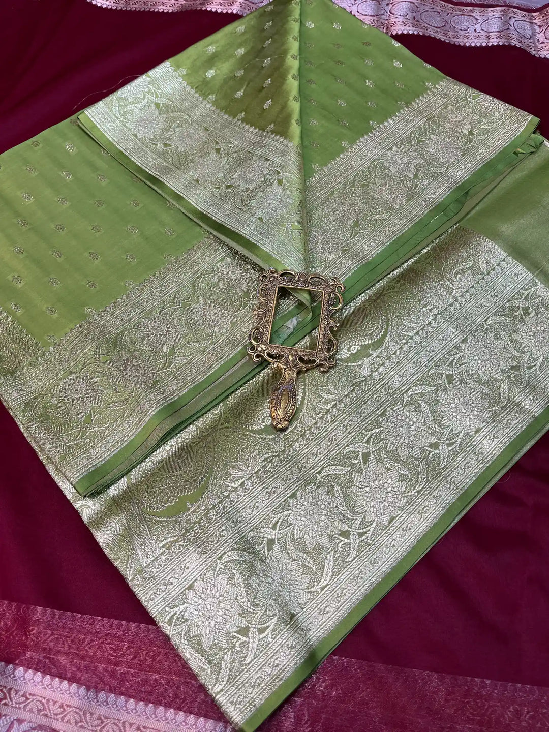 Bridal Green Satin Silk Premium Buti Design Banarasi Saree