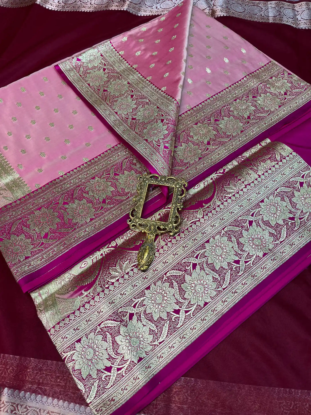 Bridal Baby Pink Contrast Satin Silk Premium Buti Design Banarasi Saree