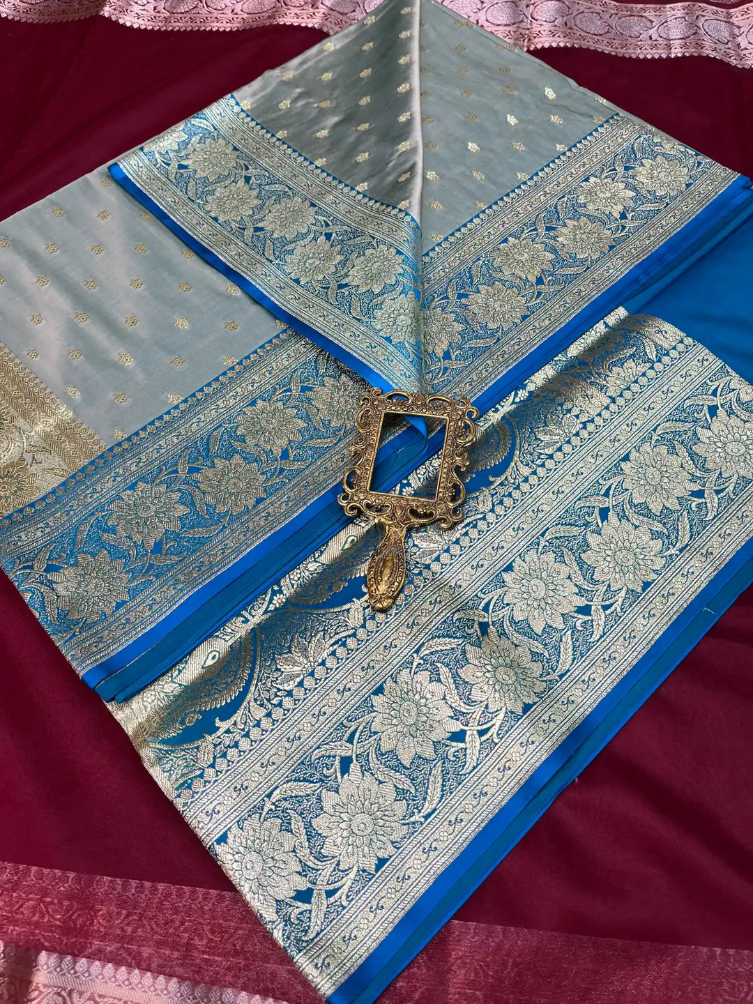 Bridal Pastel Grey Contrast Satin Silk Buti Design Banarasi Saree