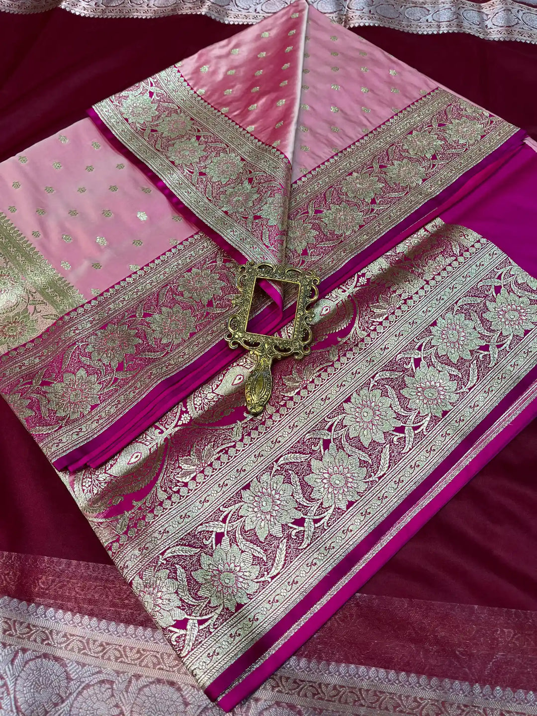 Bridal Baby Pink Contrast Satin Silk Buti Design Banarasi Saree