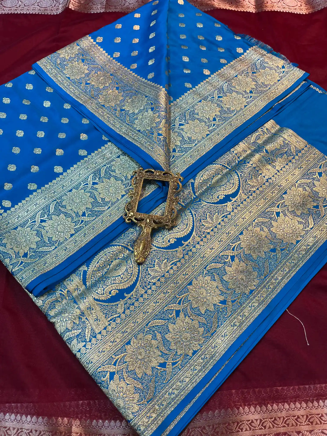Bridal Blue Satin Silk Buti Design Banarasi Saree
