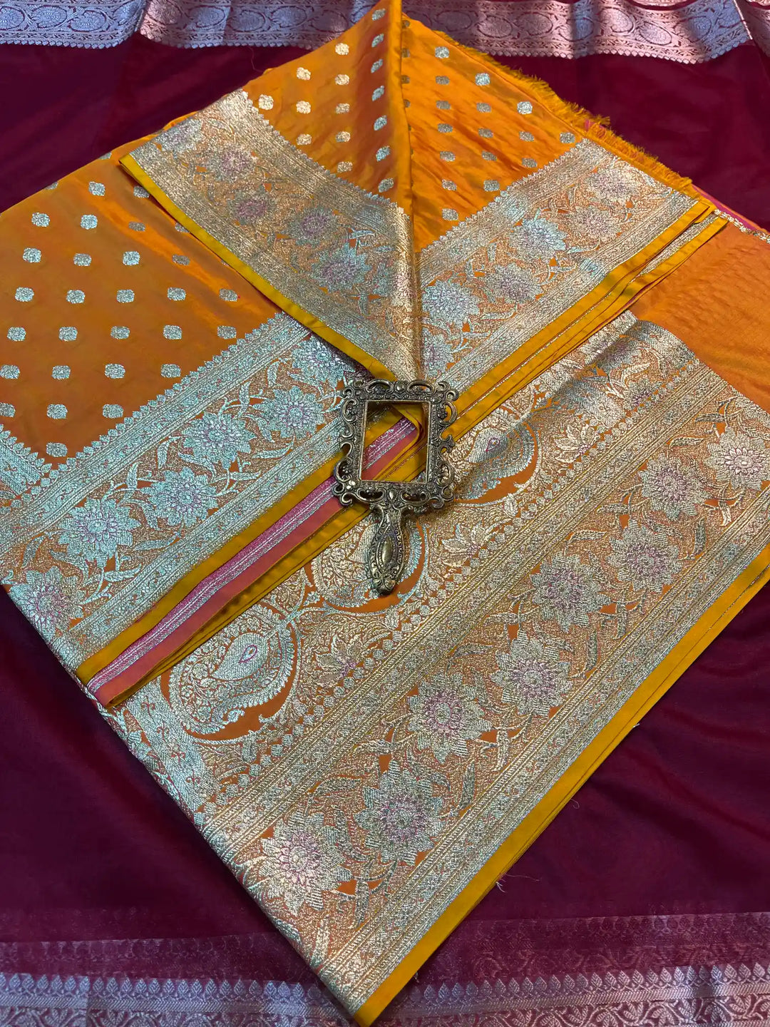 Bridal Mustard Satin Silk Buti Design Banarasi Saree