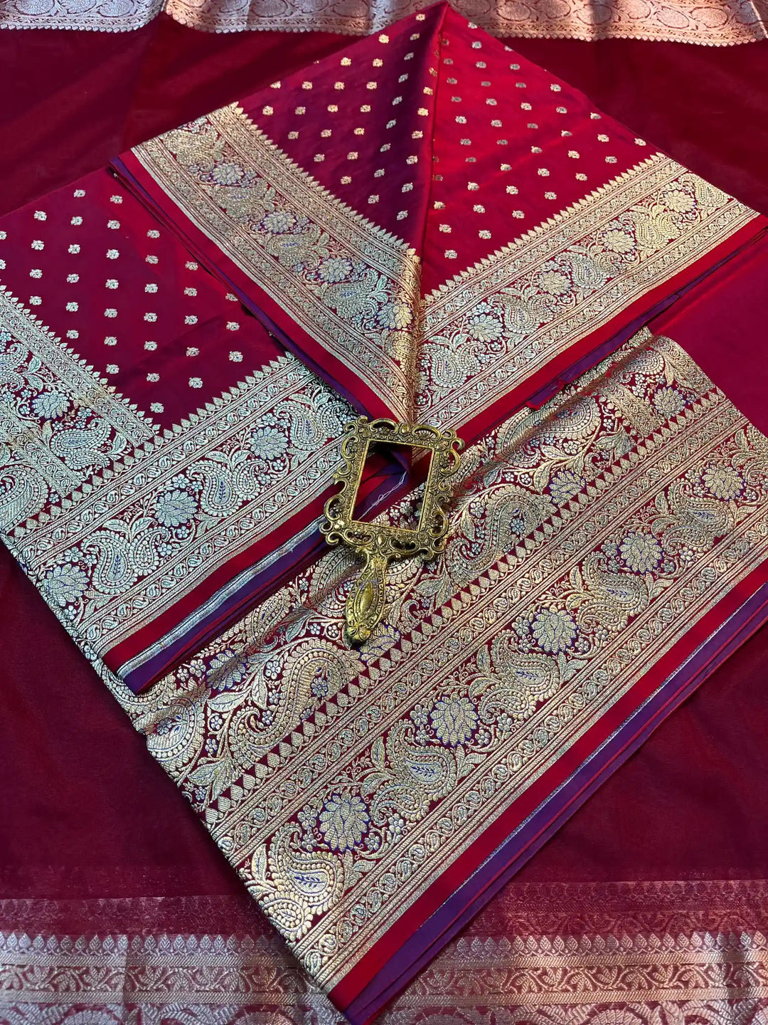 Bridal Maroon Satin Silk Buti Design Banarasi Saree