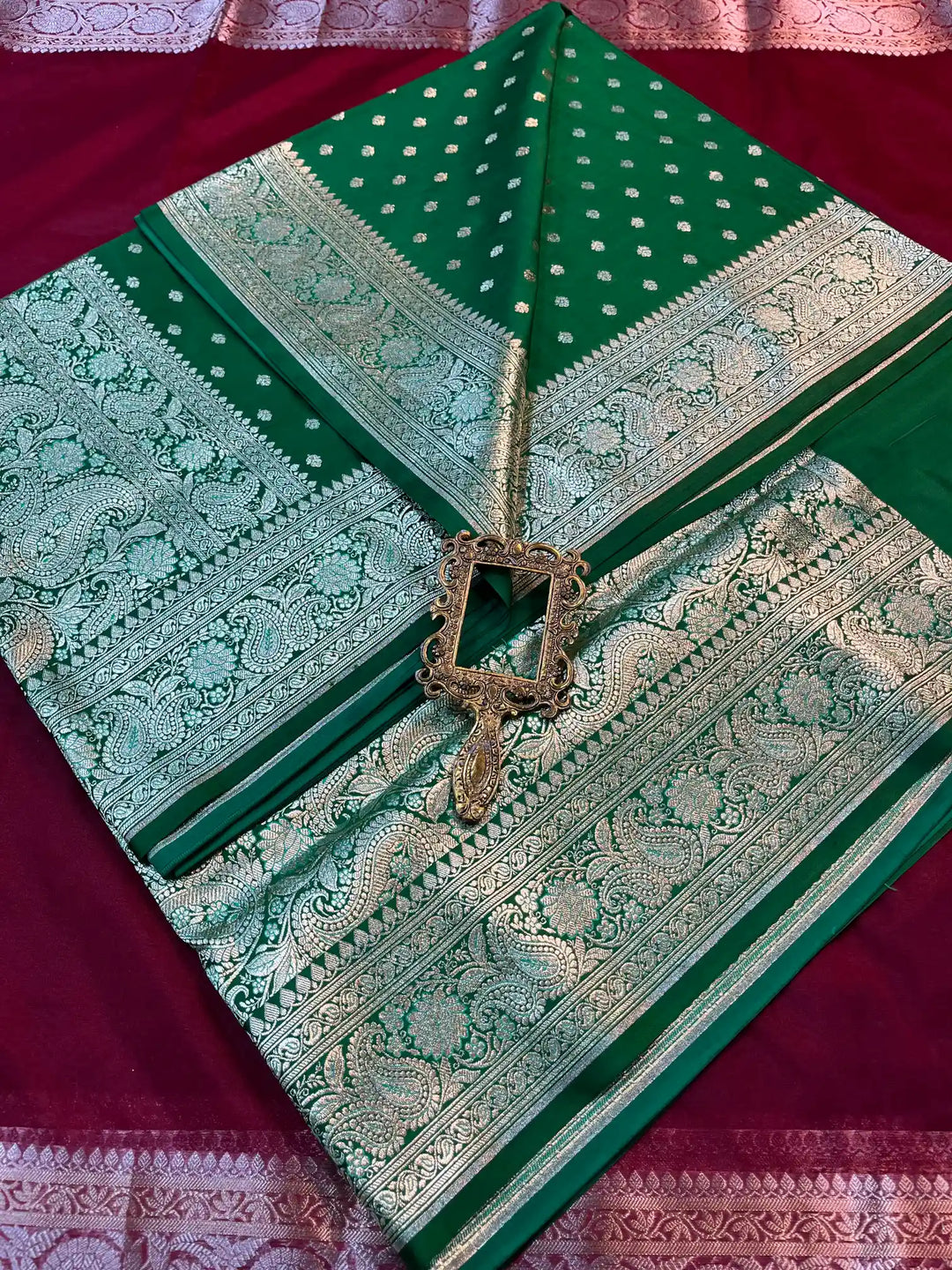 Bridal Bottle Green Satin Silk Buti Design Banarasi Saree