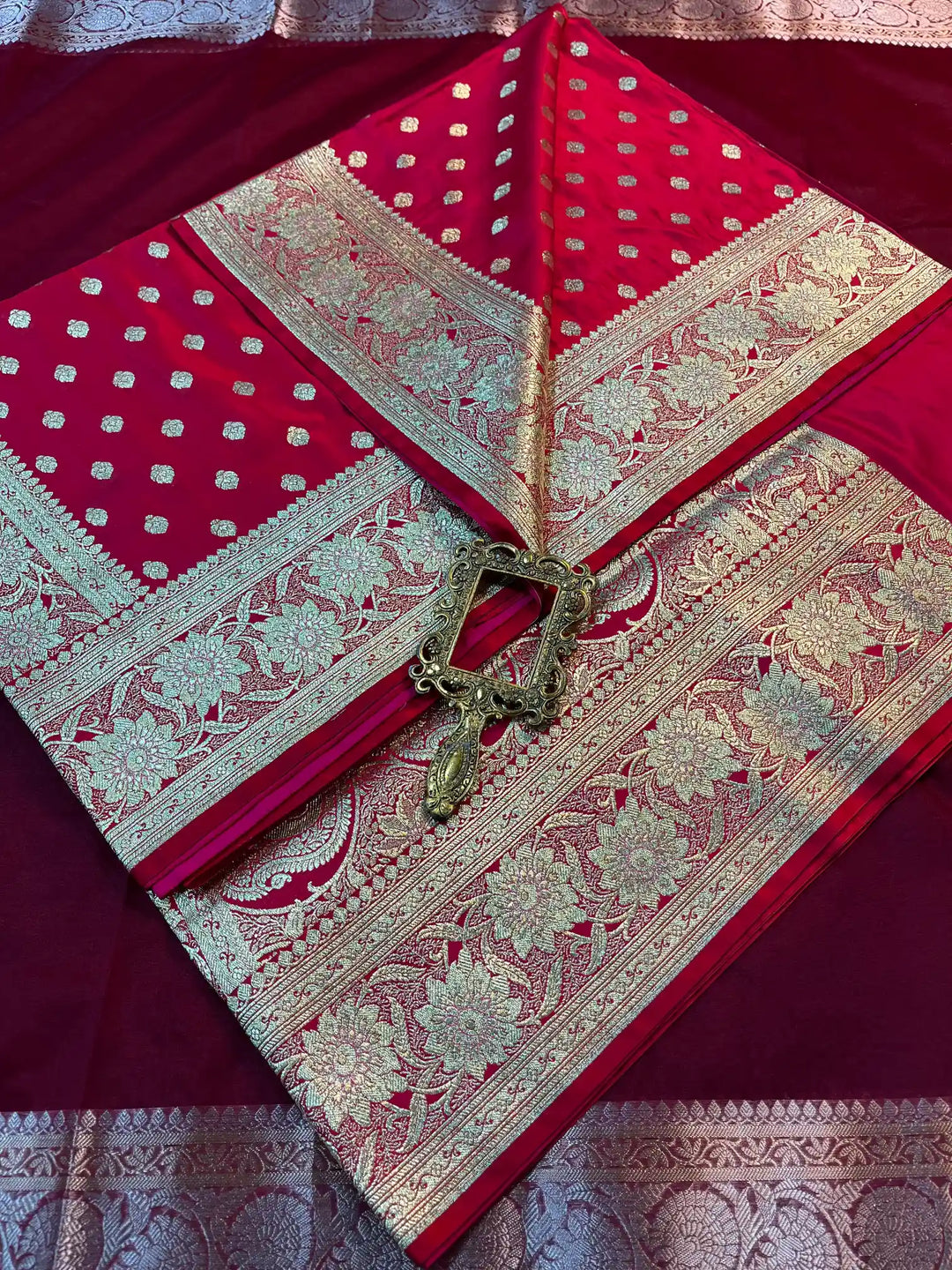 Bridal Red Satin Silk Buti Design Banarasi Saree
