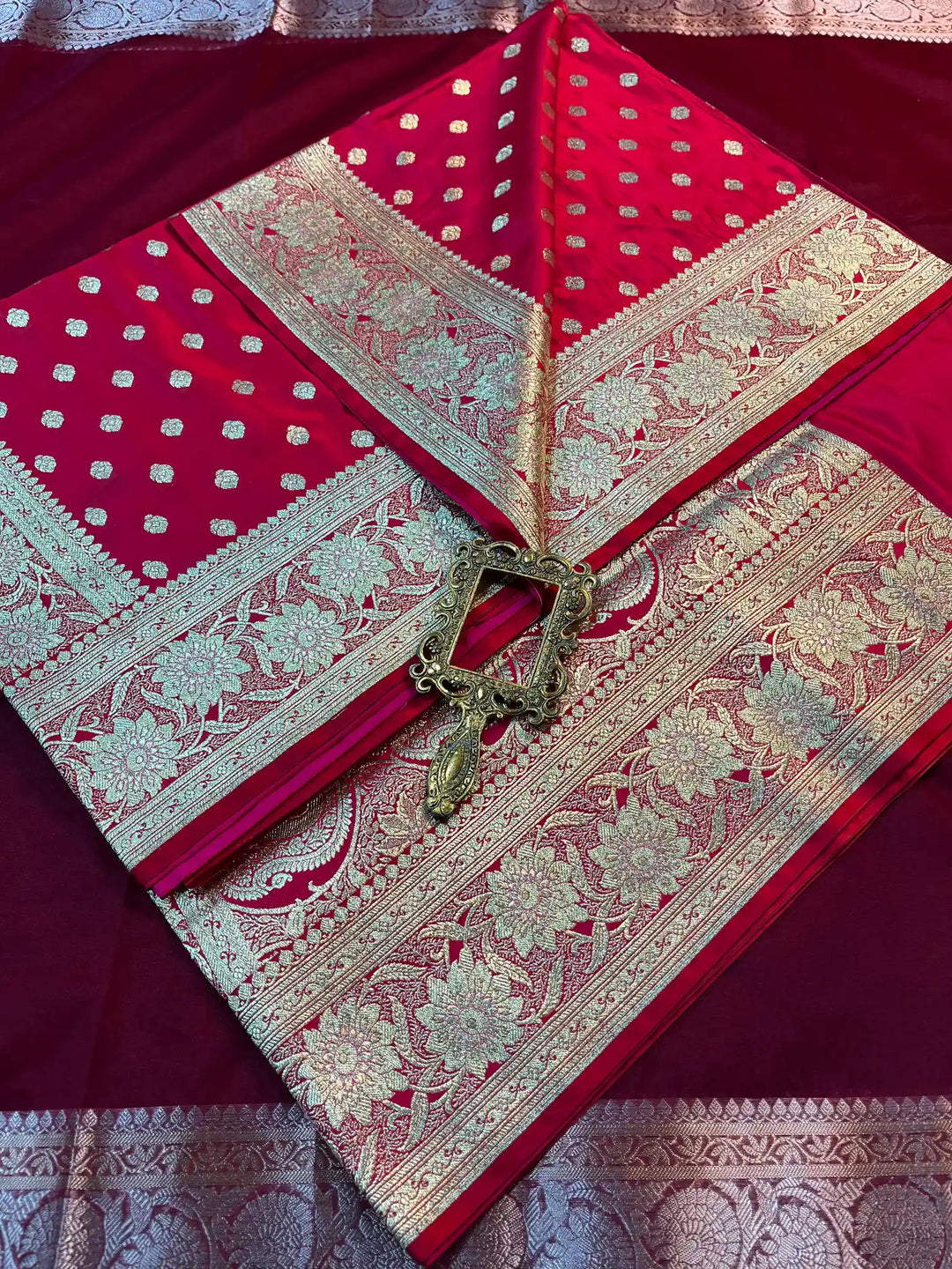 Bridal Red Satin Silk Buti Design Banarasi Saree