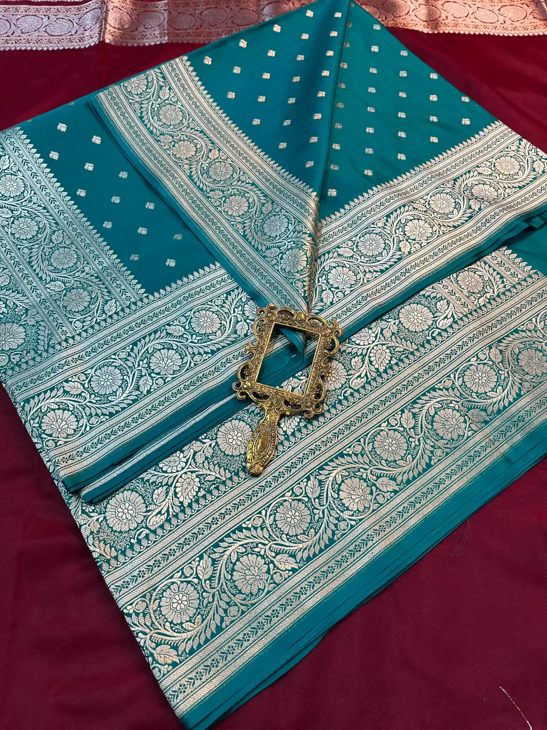 Bridal Persian Green Satin Silk Buti Design Banarasi Saree