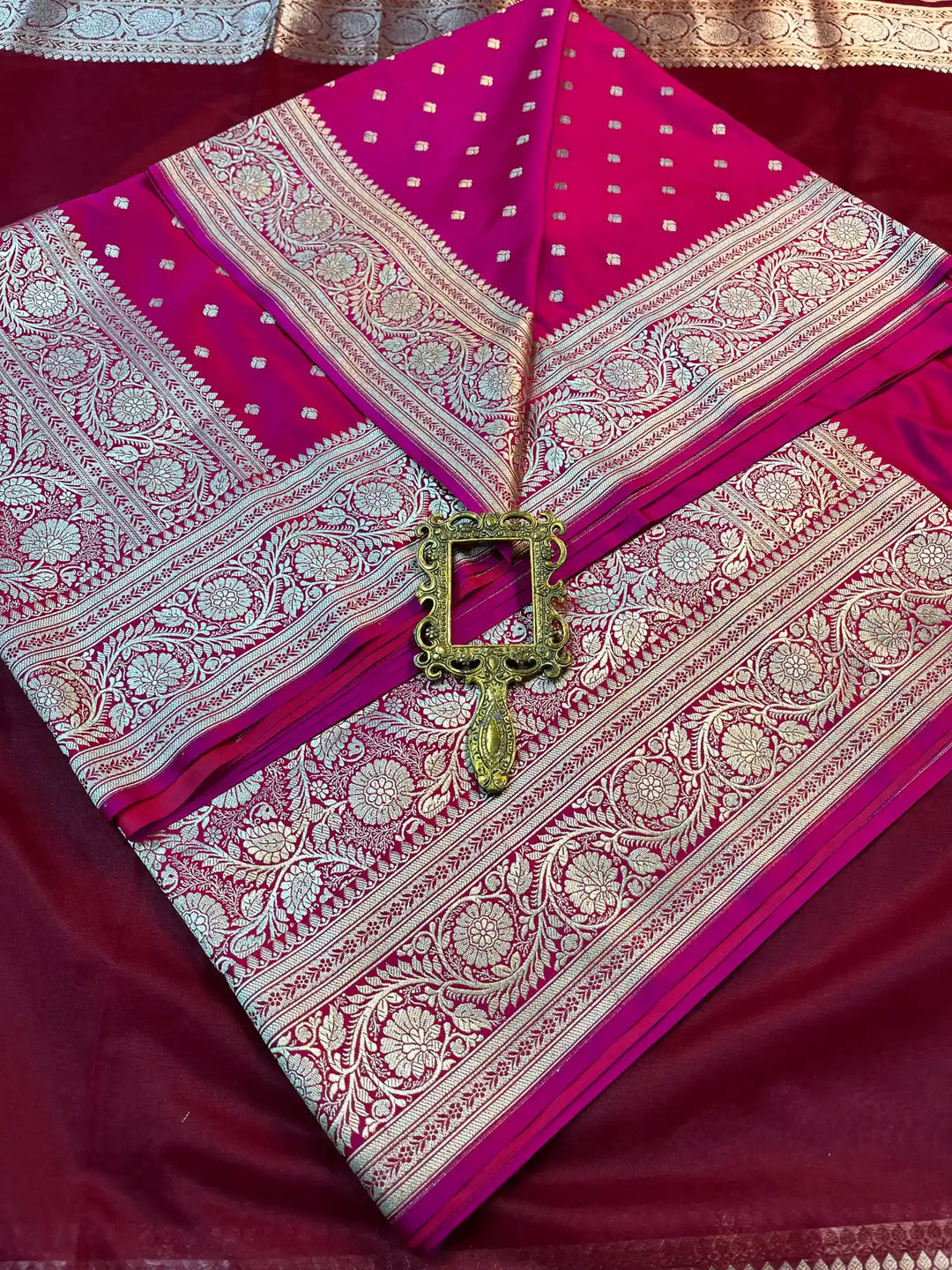 Bridal Rani Pink Satin Silk Buti Design Banarasi Saree