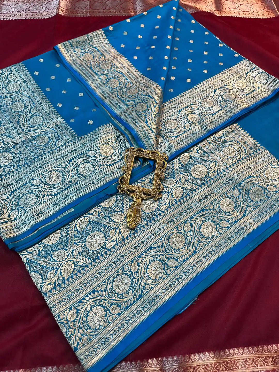 Bridal Blue Satin Silk Buti Design Banarasi Saree