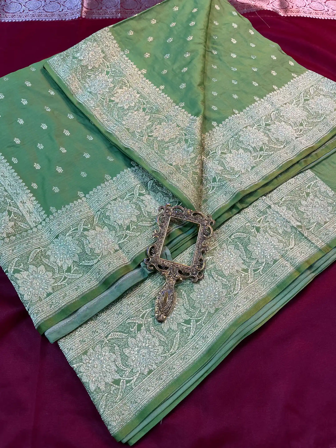 Bridal Pastel Green Satin Silk Buti Design Banarasi Saree