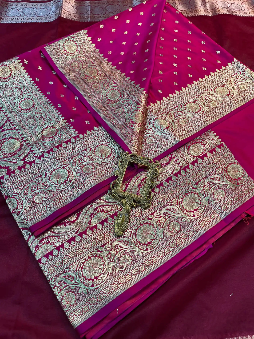 Bridal Rani Pink Satin Silk Buti Design Banarasi Saree