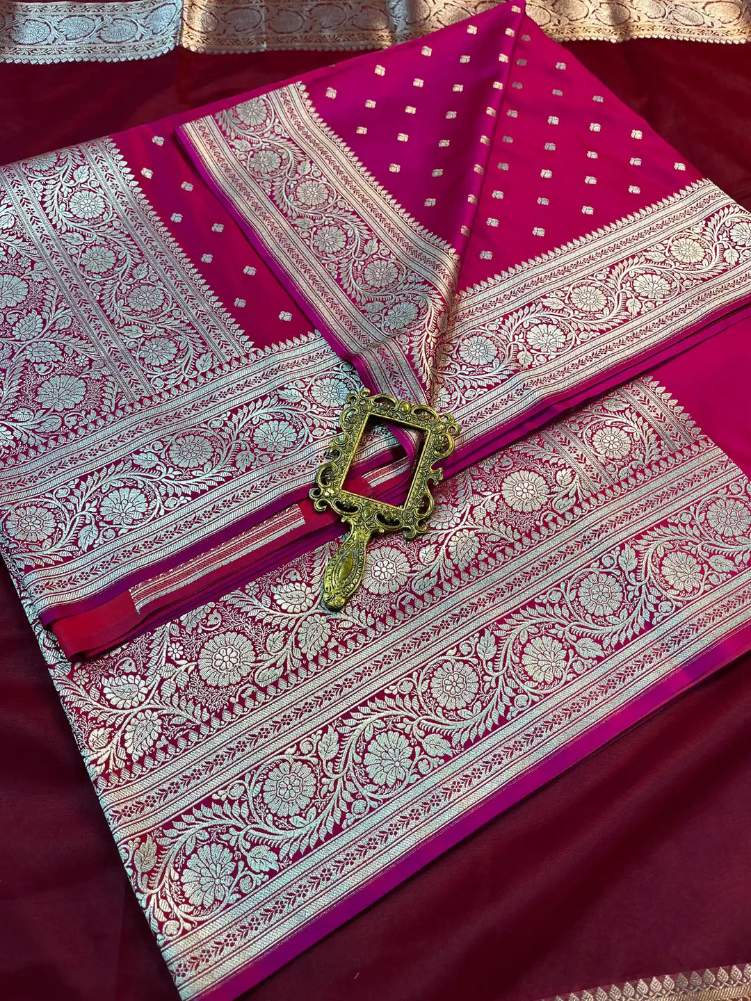 Bridal Rani Pink Satin Silk Buti Design Banarasi Saree