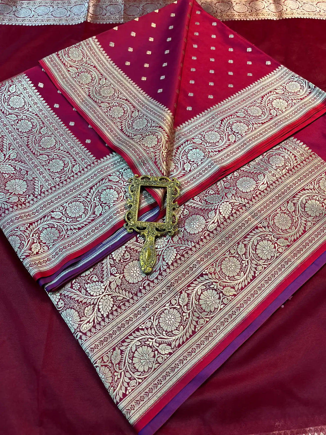 Bridal Maroon Satin Silk Buti Design Banarasi Saree