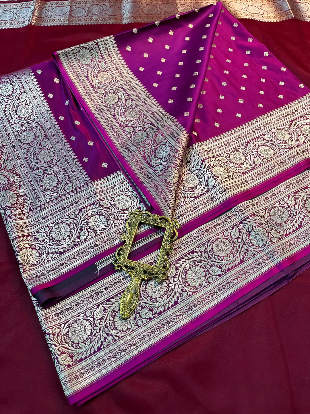 Bridal Purple Satin Silk Buti Design Banarasi Saree