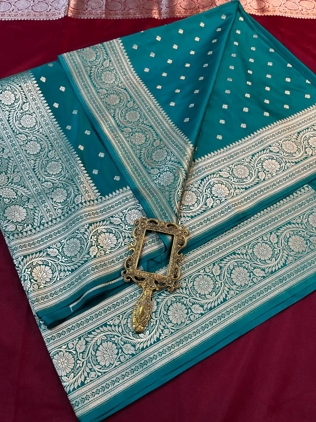 Bridal Teal Green Satin Silk Buti Design Banarasi Saree