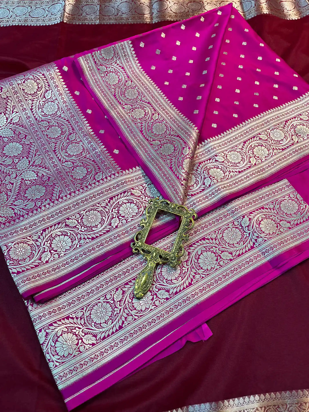 Bridal Rani Pink Satin Silk Buti Design Banarasi Saree