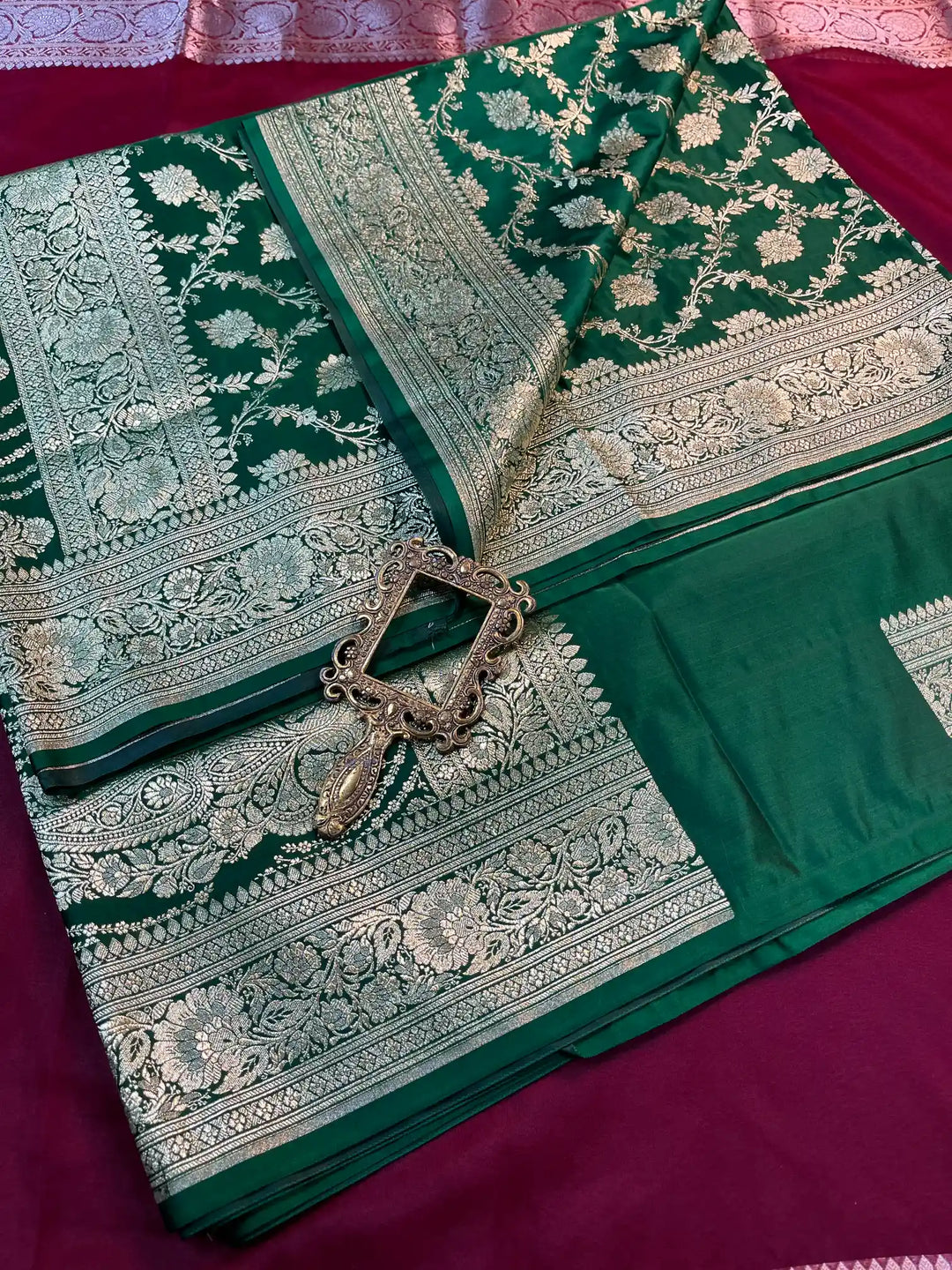 Bridal Bottle Green Satin Silk Buti Design Banarasi Saree