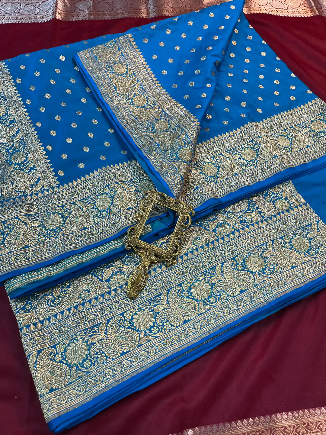 Bridal Blue Satin Silk Buti Design Banarasi Saree