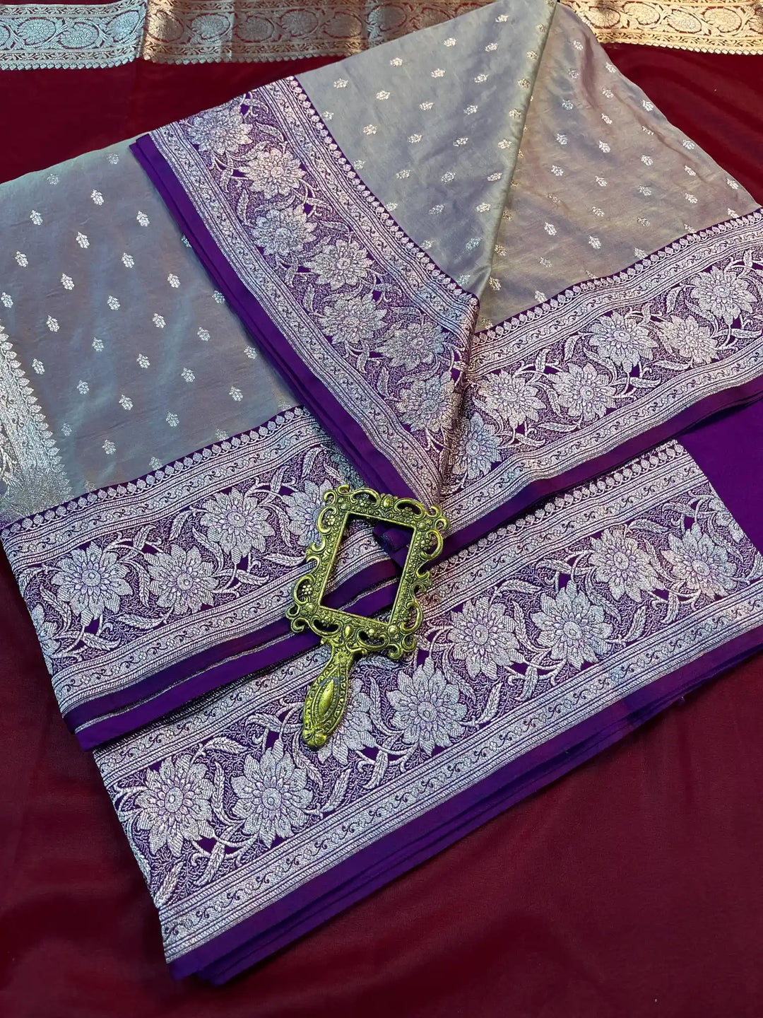 Bridal Slate Grey Contrast Satin Silk Buti Design Banarasi Saree