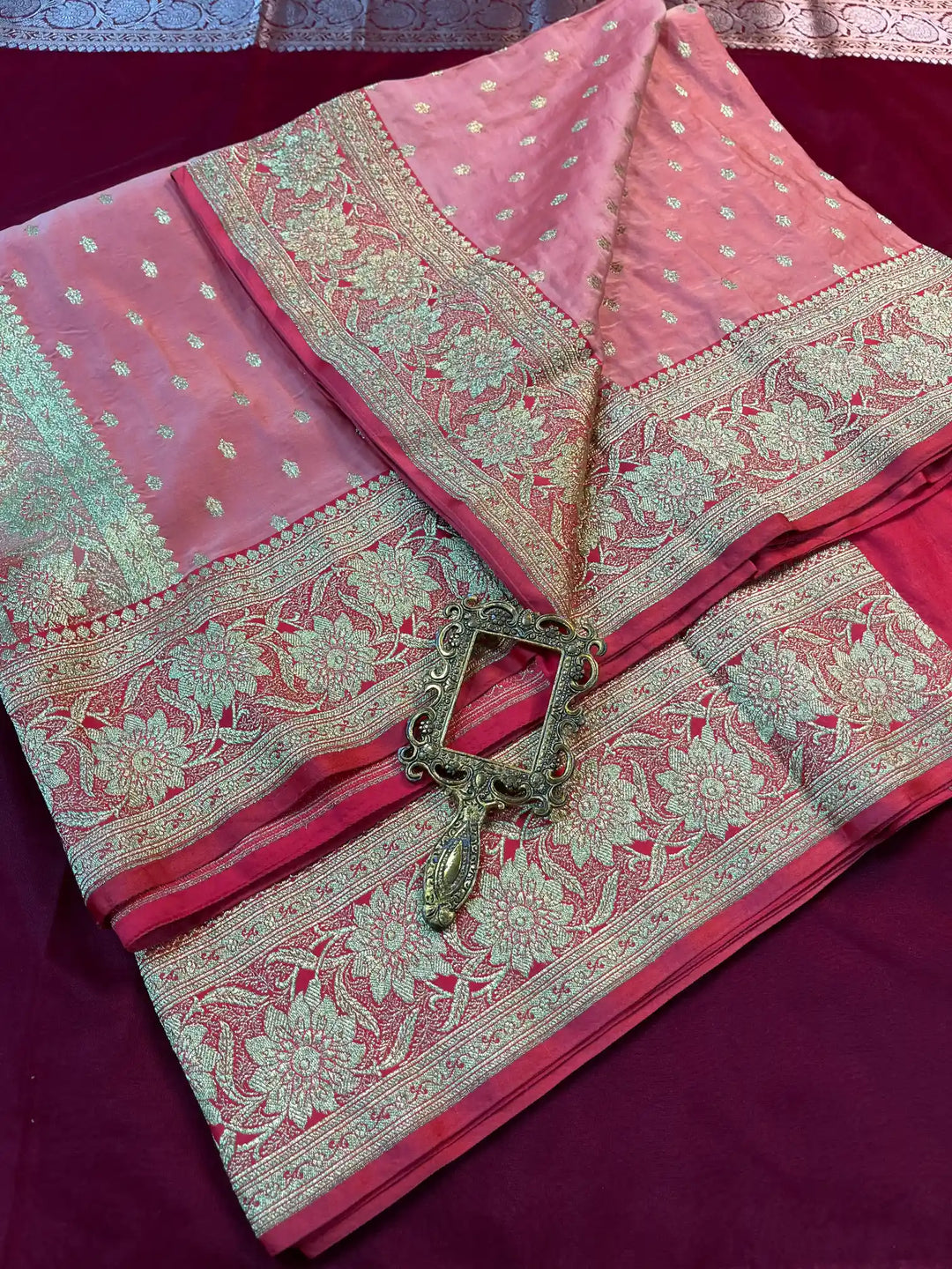 Bridal Baby Pink Contrast Satin Silk Buti Design Banarasi Saree