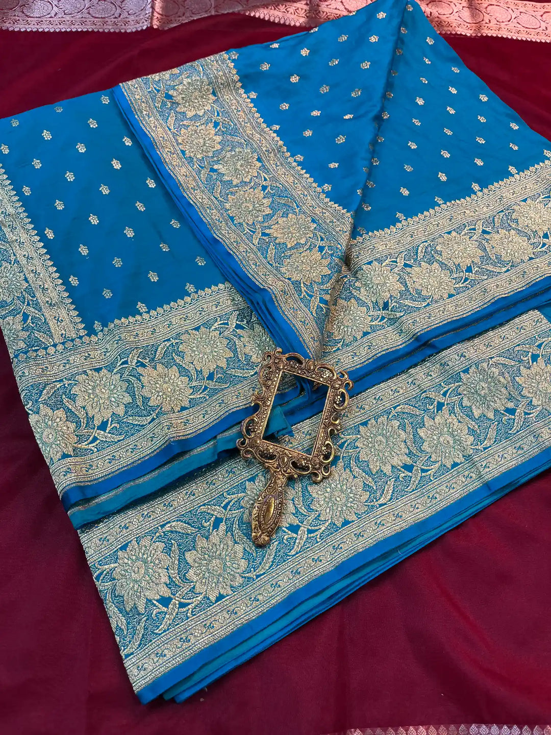 Bridal Blue Satin Silk Buti Design Banarasi Saree
