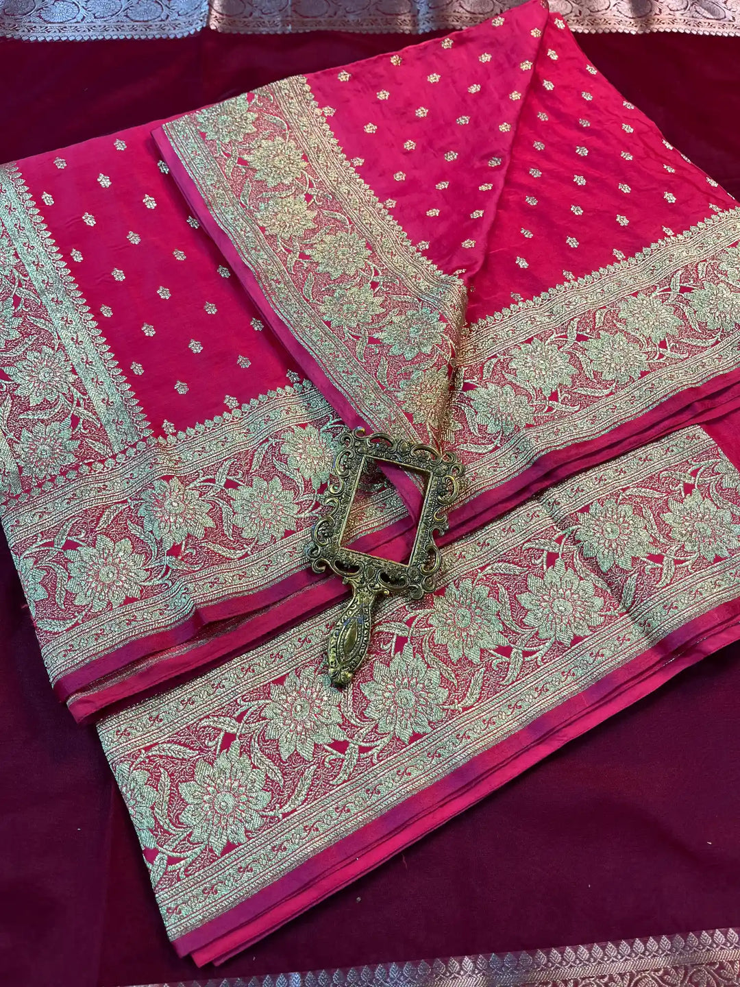 Bridal Rani Pink Satin Silk Buti Design Banarasi Saree