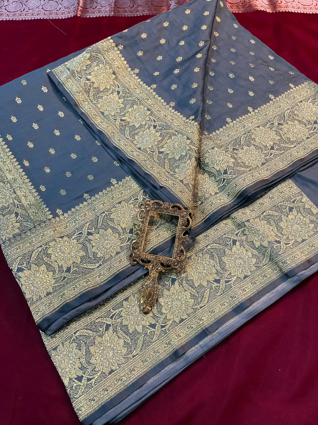 Bridal Powder Blue Satin Silk Buti Design Banarasi Saree