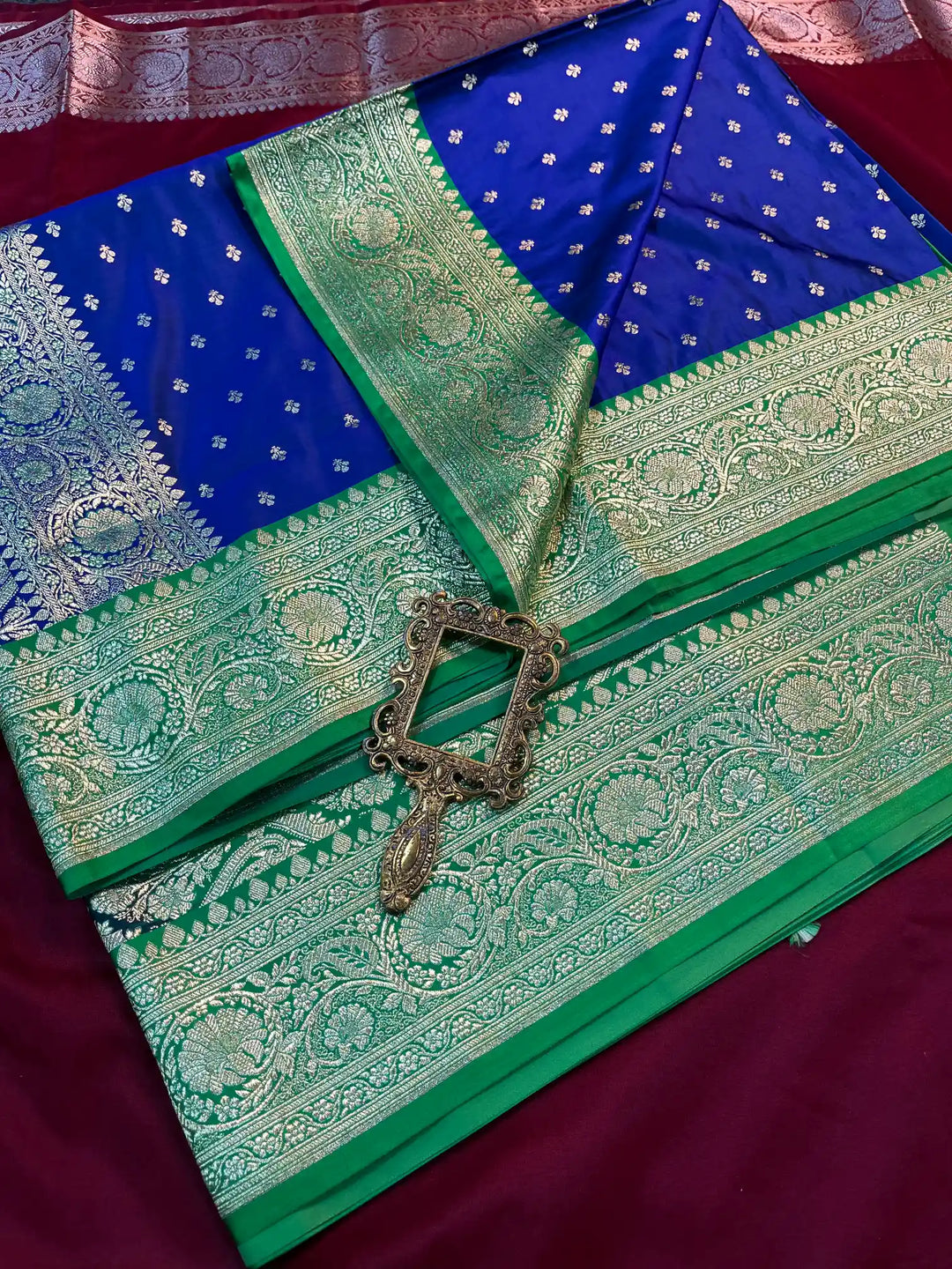 Bridal Blue Contrast Satin Silk Premium Buti Weave Banarasi Saree