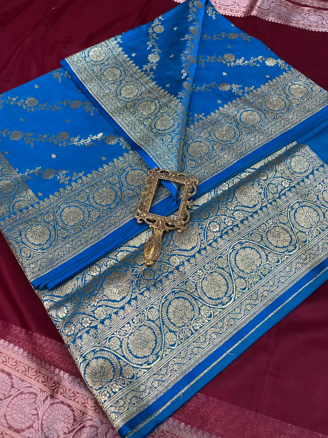 Bridal Blue Satin Silk Premium Jaal Pattern Banarasi Saree