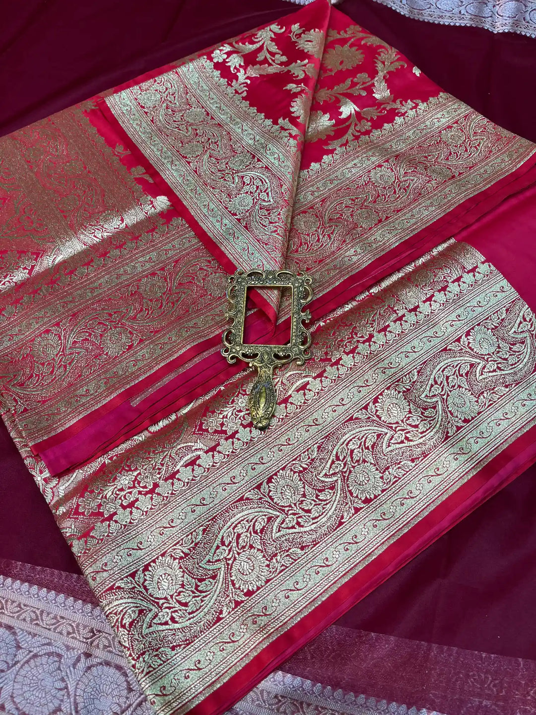 Bridal Carmine Red Satin Silk Premium Jaal Pattern Banarasi Saree