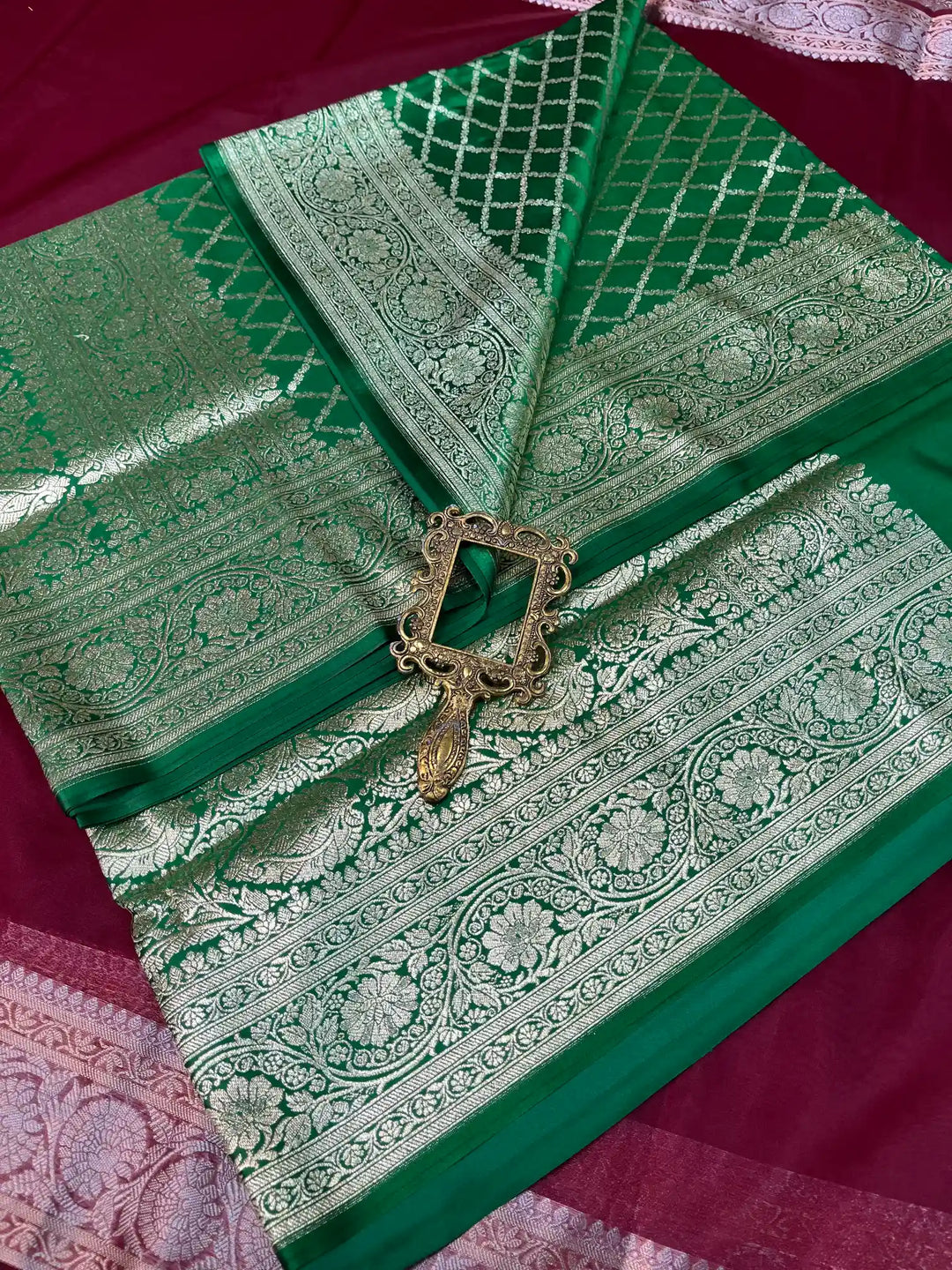 Bridal Green Satin Silk Premium Jaal Pattern Banarasi Saree