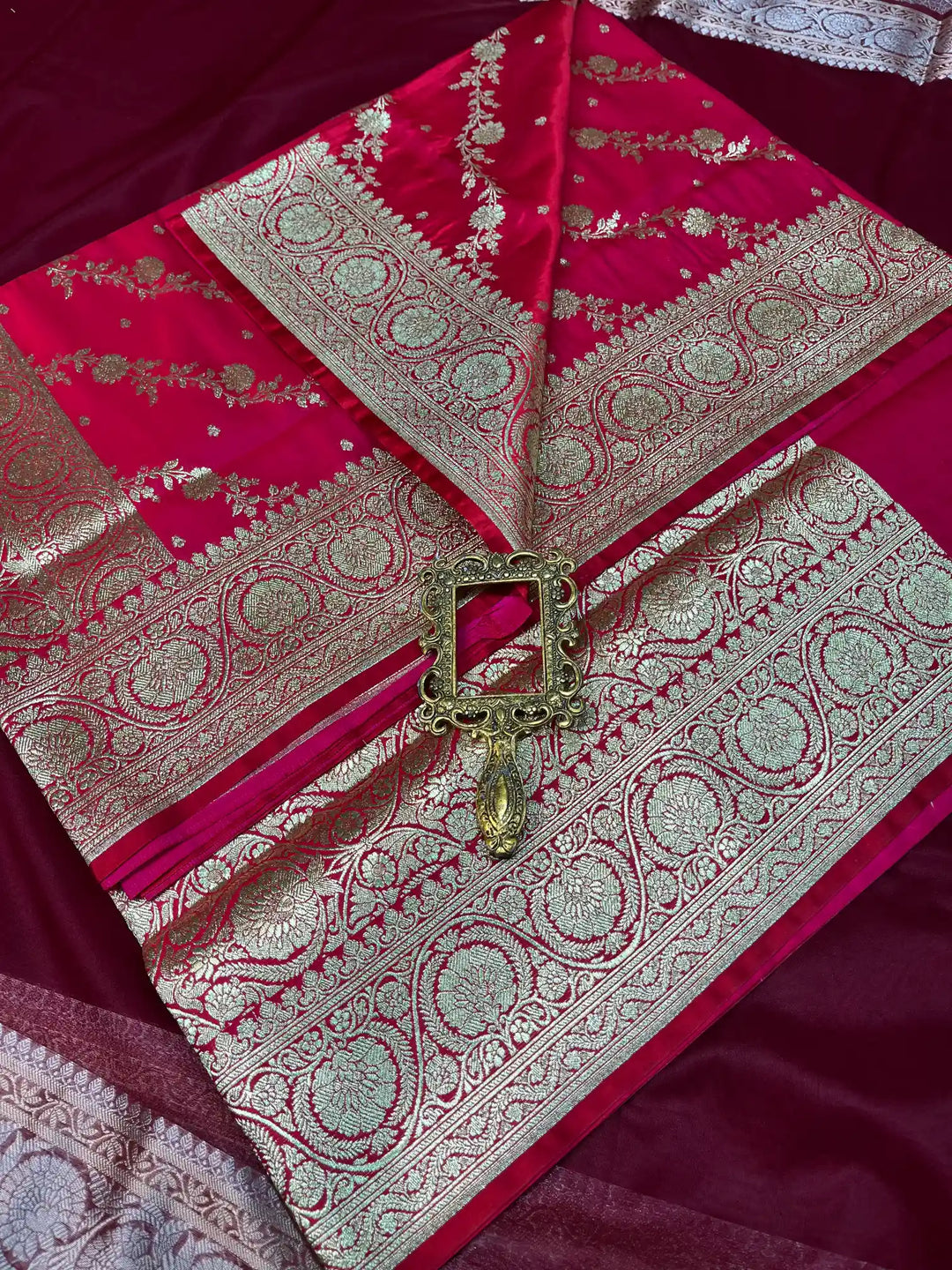 Bridal Carmine Satin Silk Premium Jaal Pattern Banarasi Saree