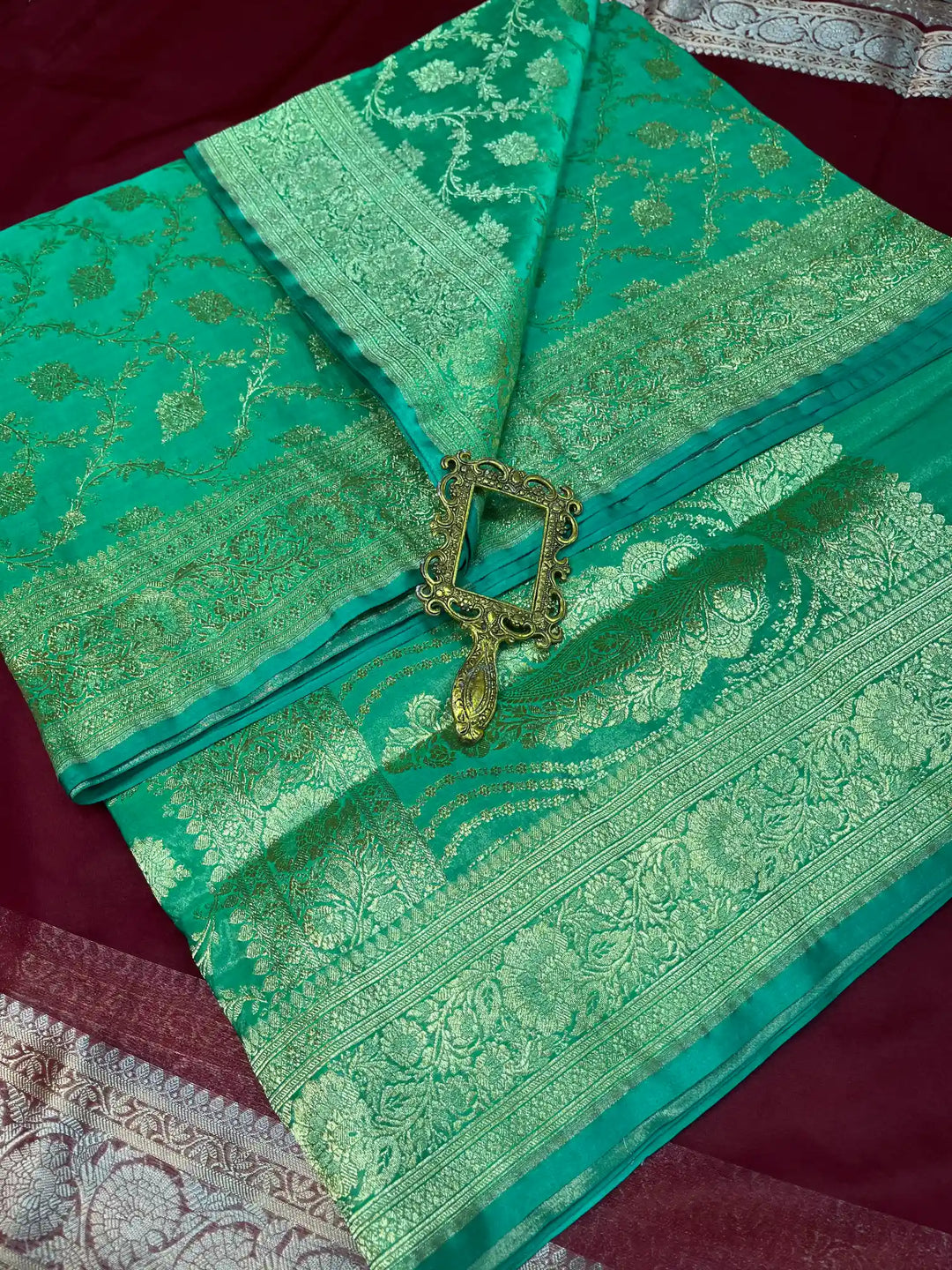 Bridal Sea Green Satin Silk Premium Jaal Pattern Banarasi Saree