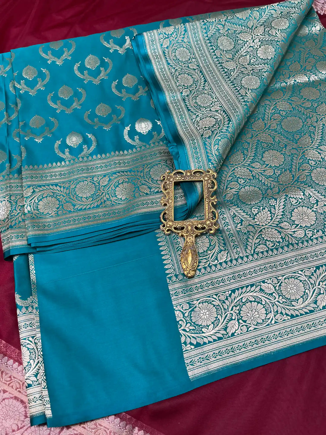 Bridal Powder Blue Satin Silk Premium Jaal Pattern Banarasi Saree