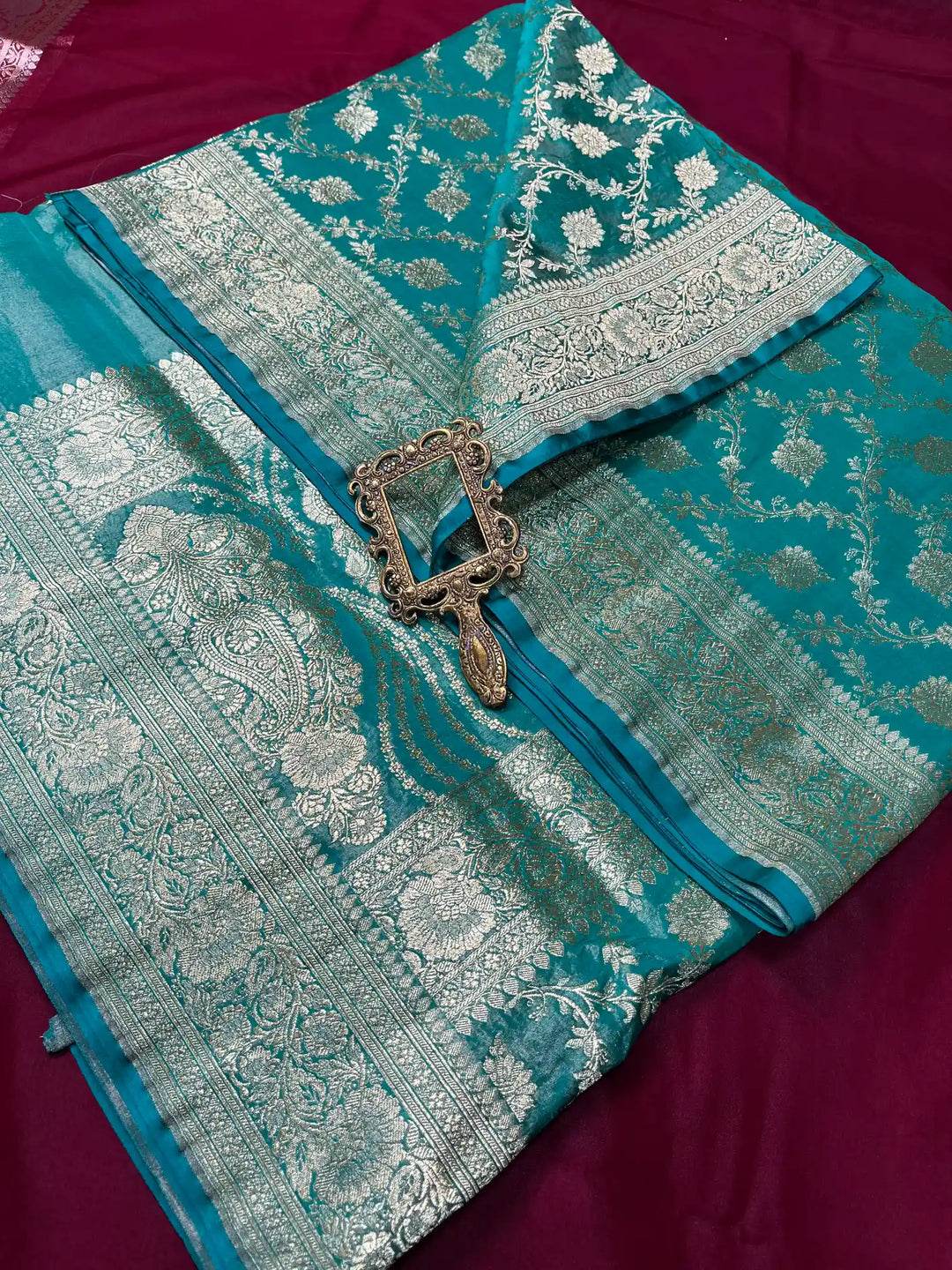 Bridal Sea Blue Satin Silk Premium Jaal Pattern Banarasi Saree