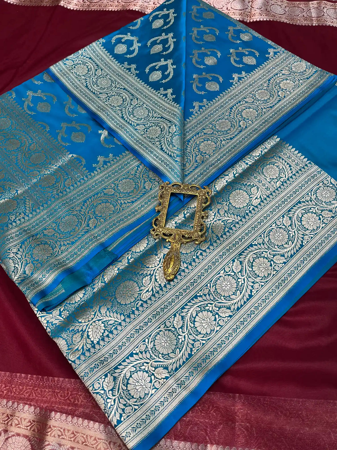 Bridal Blue Satin Silk Premium Jaal Pattern Banarasi Saree