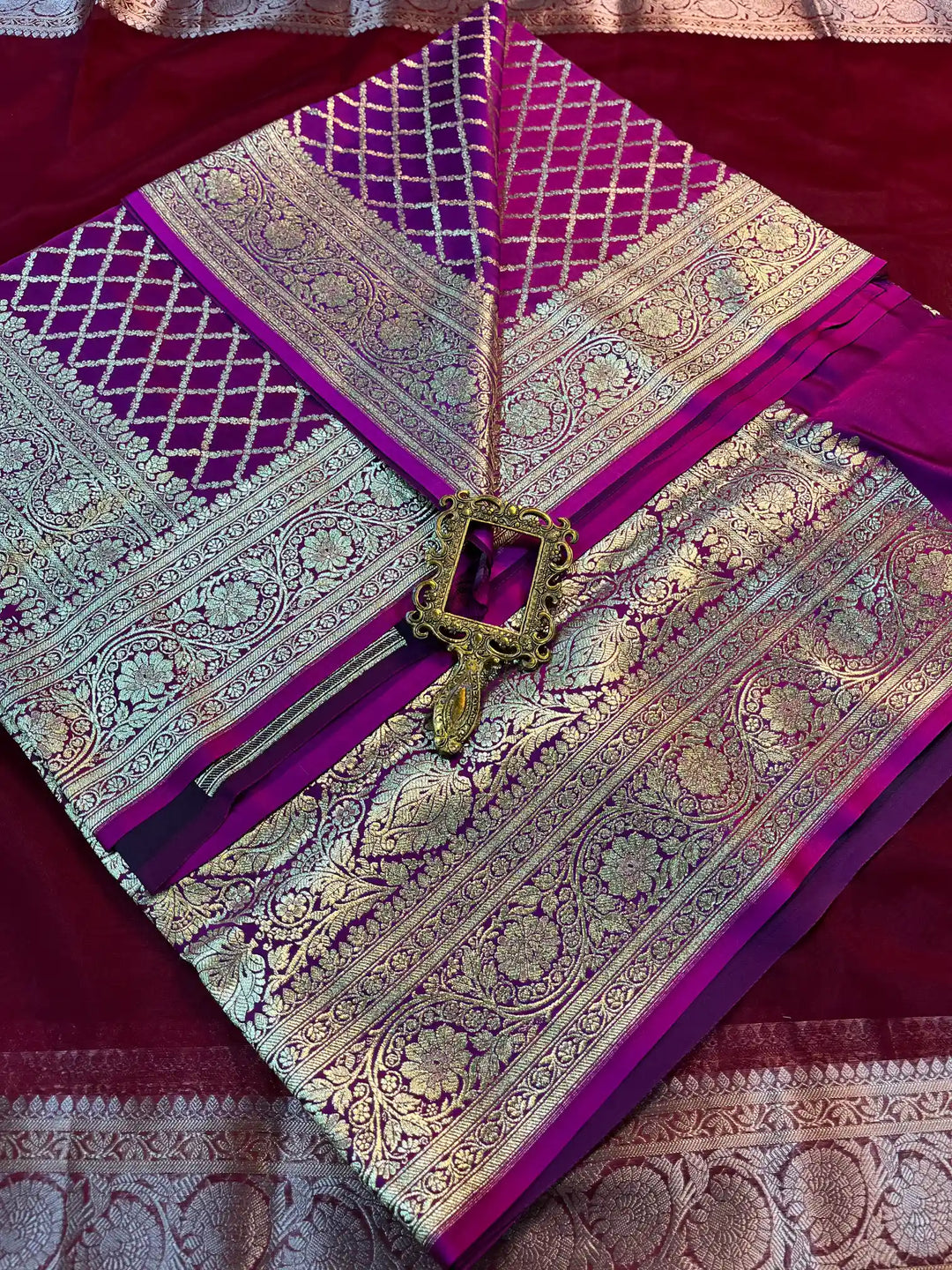 Bridal Purple Satin Silk Premium Jaal Pattern Banarasi Saree