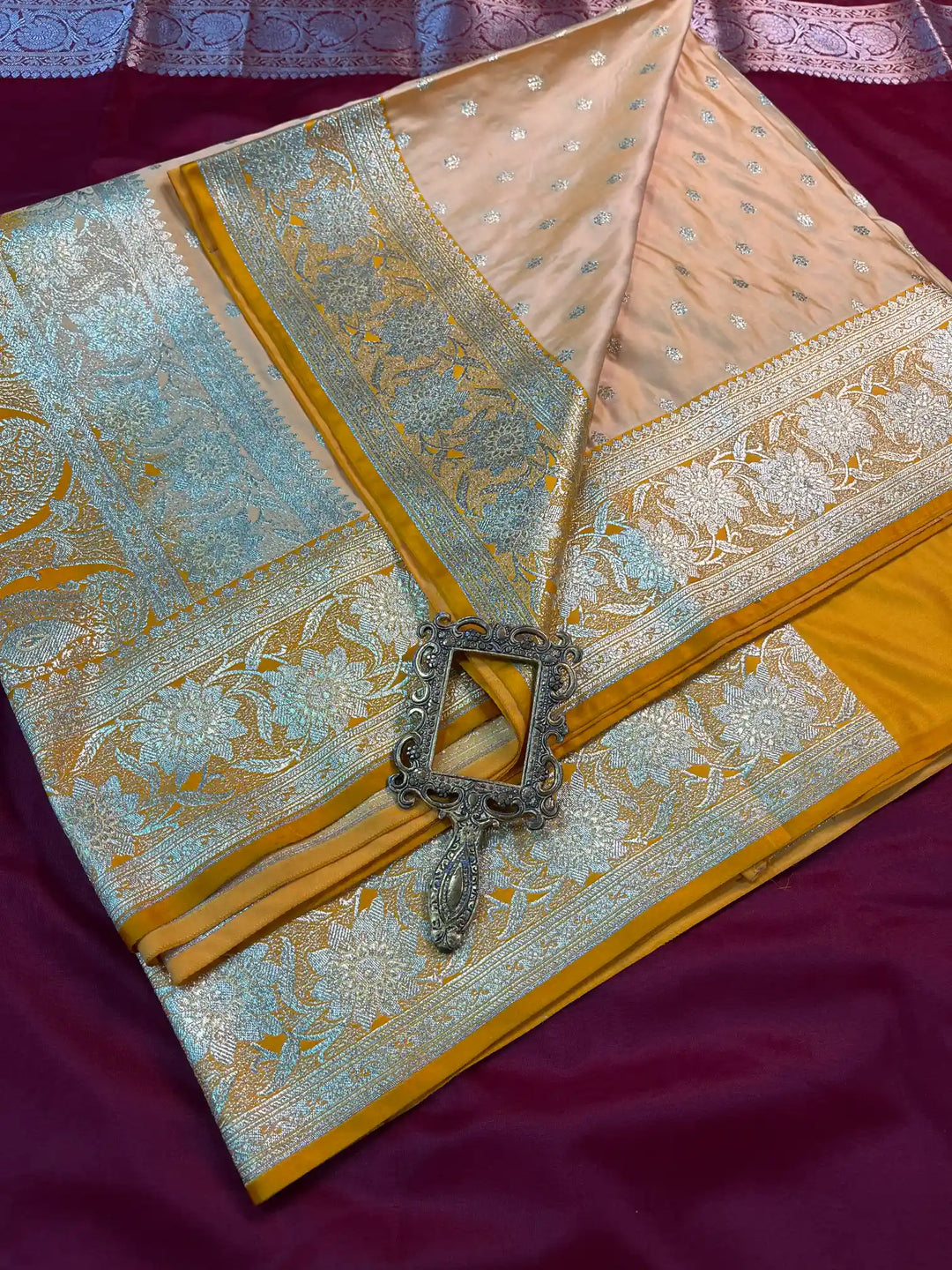 Bridal Deep Peach Contrast Satin Silk Premium Jaal Pattern Banarasi Saree