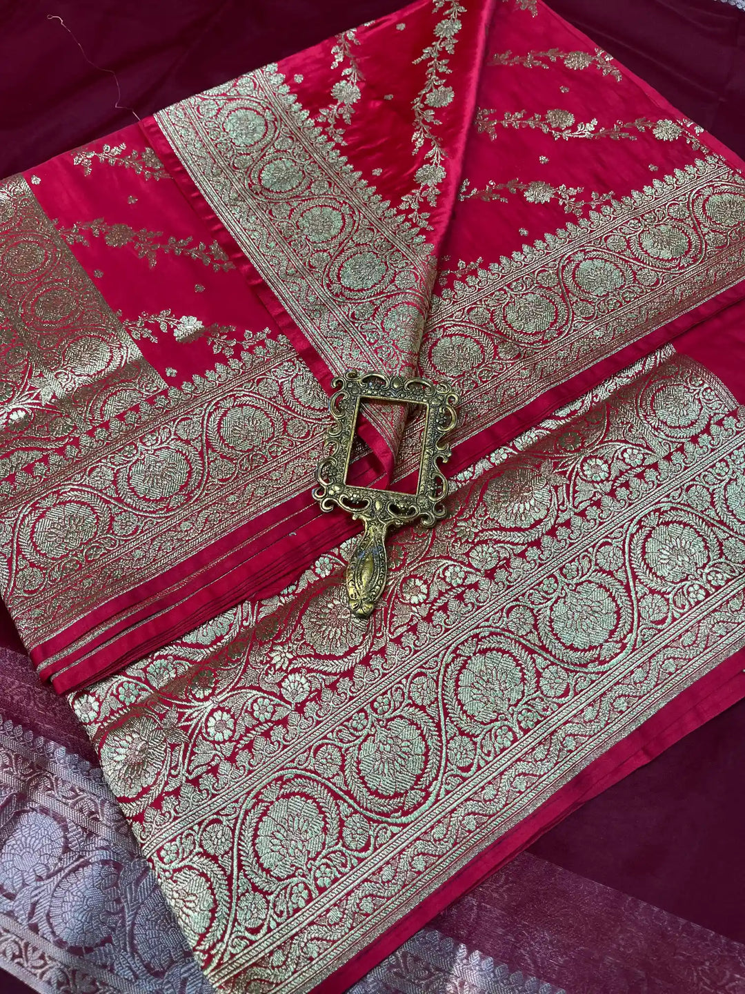 Bridal Carmine Pink Satin Silk Premium Jaal Pattern Banarasi Saree