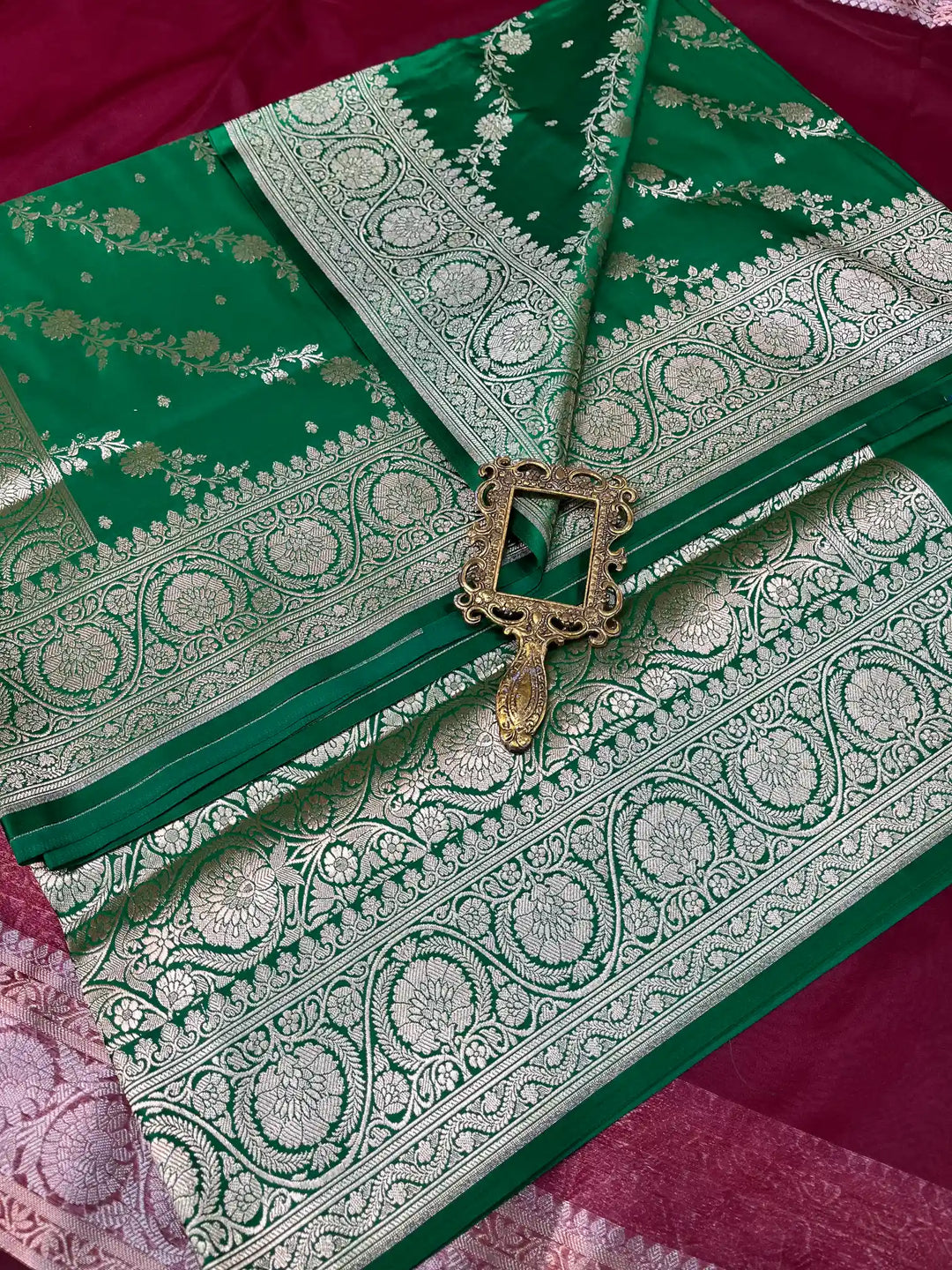Bridal Green Satin Silk Premium Jaal Pattern Banarasi Saree