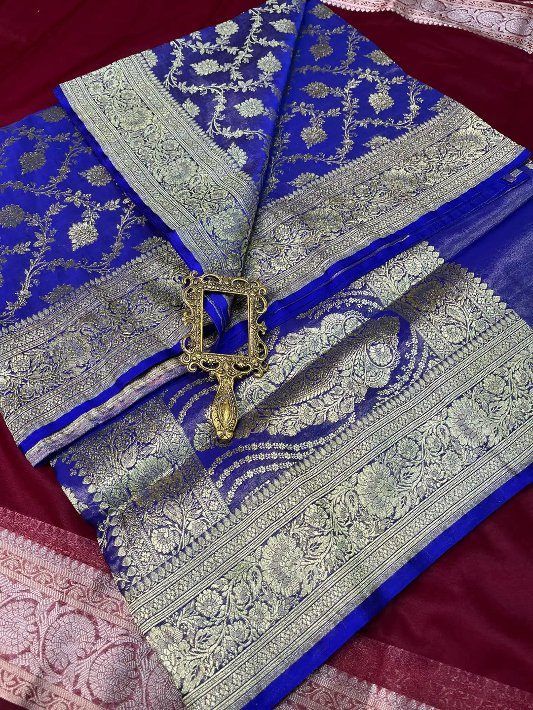 Bridal Deep Blue Satin Silk Premium Jaal Pattern Banarasi Saree